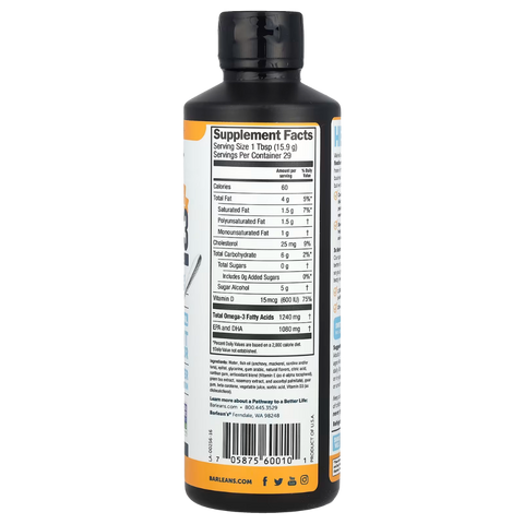 The back of a black plastic bottle with a black cap, showing the Supplement Facts label. The label is white with orange accents and black text, displaying nutritional information and the brand name Marley's.