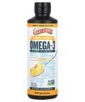 A bottle of Barlean's Omega-3 from fish oil in mango peach smoothie flavor, shown on a plain white background.