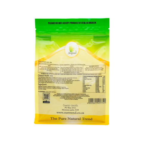 The back of a Nattrend natural supplement pouch, featuring a green-to-yellow gradient top half, a beige information panel in the middle, and a yellow bottom section with the brand name 'The Pure Natural Trend'.