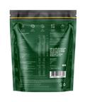 The back of a dark green stand-up pouch package, showing nutritional facts, ingredients, and product details in white text, with a black resealable top and a thin gold horizontal stripe near the top edge.