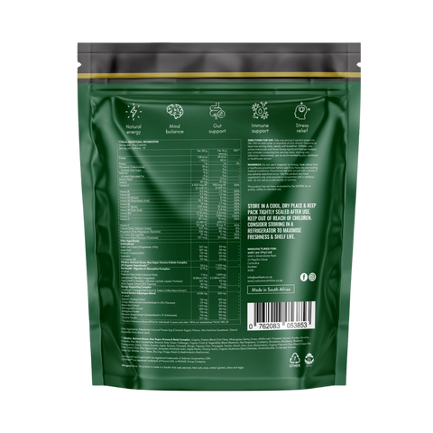 The back of a dark green stand-up pouch package, showing nutritional facts, ingredients, and product details in white text, with a black resealable top and a thin gold horizontal stripe near the top edge.