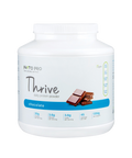A white plastic tub of Phito Pro Thrive chocolate daily protein powder, featuring a white cap and a label with blue and brown accents, set against a plain white background.